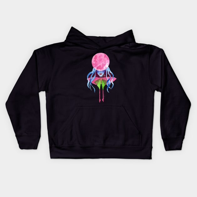 Luna Moth Girl Moon Watercolor Painting Kids Hoodie by Celestial Hue